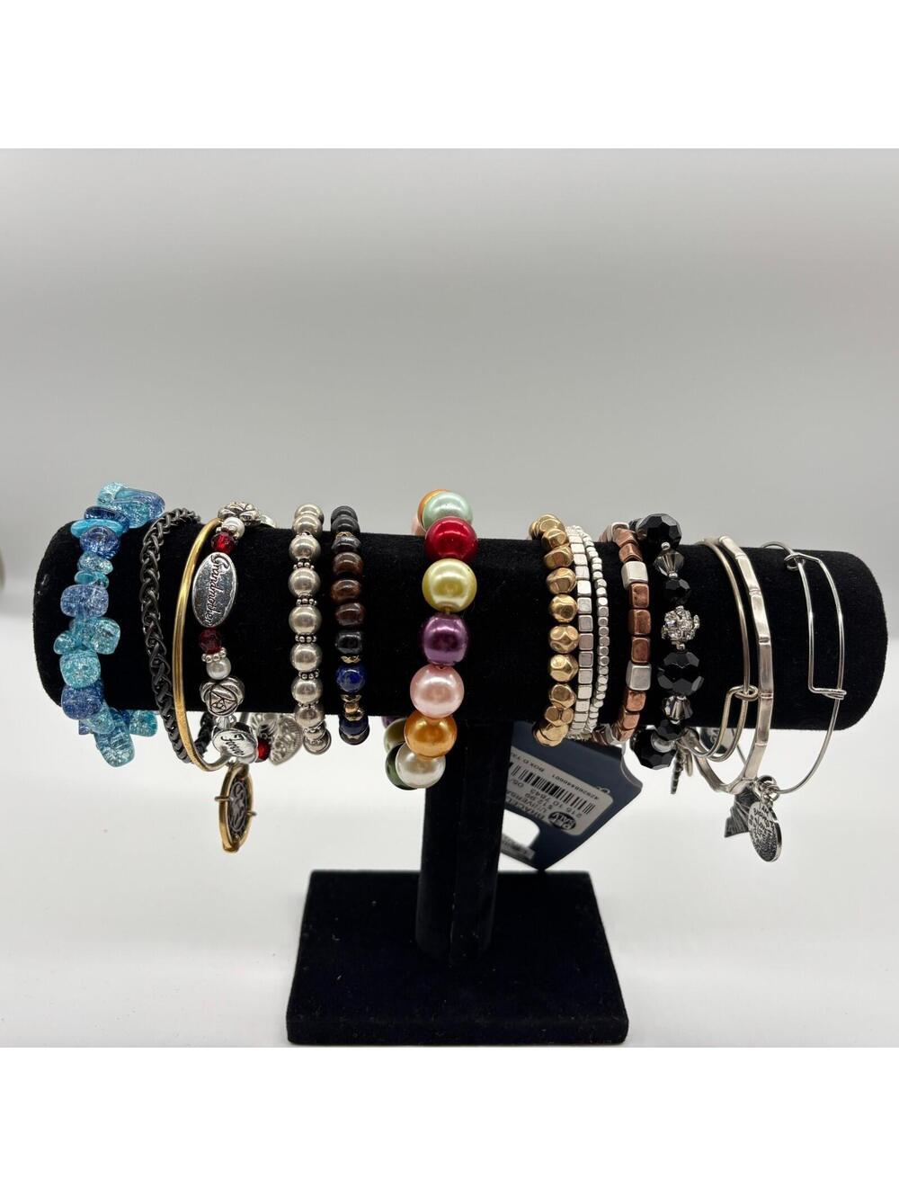 15 Pc Bracelet Bundle Mixed Beads & Metals Stretch Cuff Bangle Charm Silver Tone